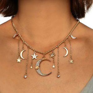 Large Crescent Moon & Stars‎ Jewelry Dangle Celestial Rhinestone Necklace